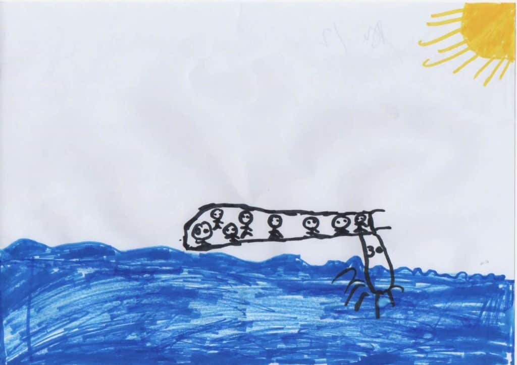 Drawing of boat at sea with yellow sun in top right corner