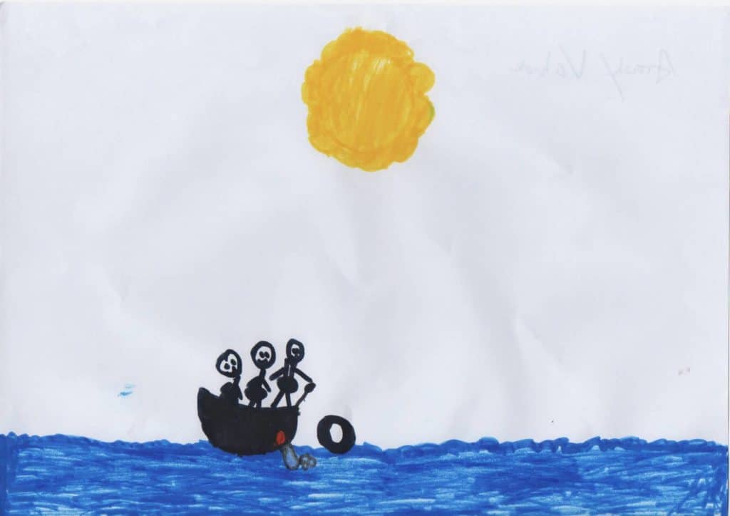 Drawing with Vahide and family in a boat at sea and yellow sun in the middle of the sky.